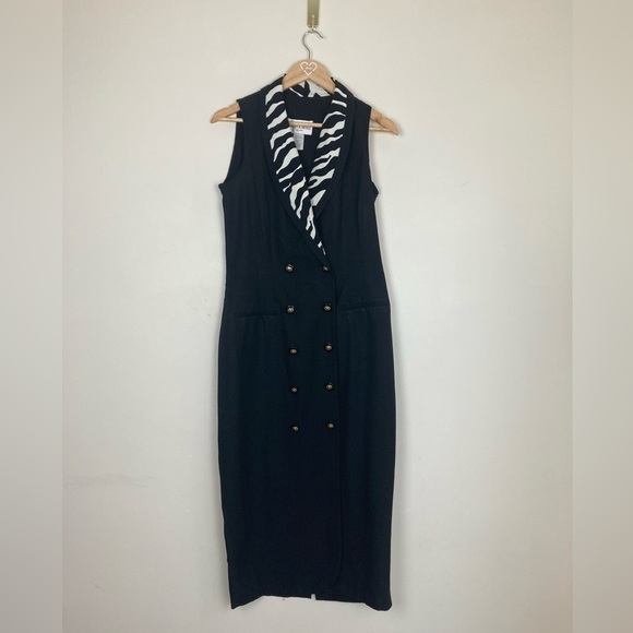 Vintage 90s sleeveless black blazer midi dress with zebra print collar. Size 10 - Picture 2 of 6